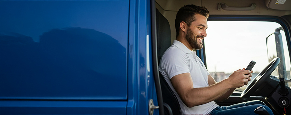 Homem no celular dentro de um caminhão