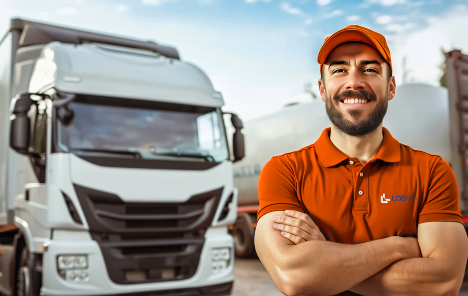 Homem de boné com braços cruzados ao lado do caminhão da logvia